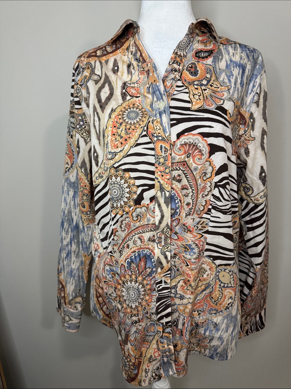 Mixed Paisley & Zebra Print Button-Up Shirt in Blue, Black, Tan
